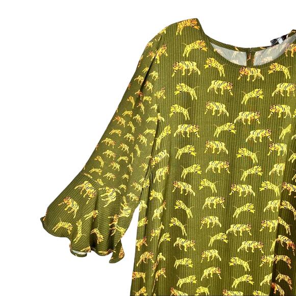 Anthropologie Conditions Apply Olive Green Tiger Print Ruffle Sleeve Dress - Picture 9 of 15